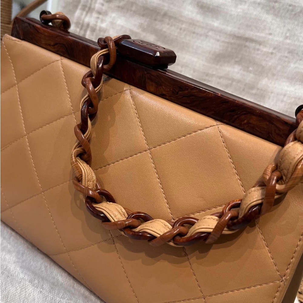 Vintage Quilted Tan Leather Shoulder Bag with Braided Chain Strap - Picture 6 of 7